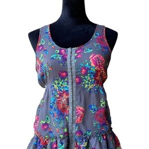 Women’s Gray  Floral Print Decree Tank Top W/ Ruffles Sz S